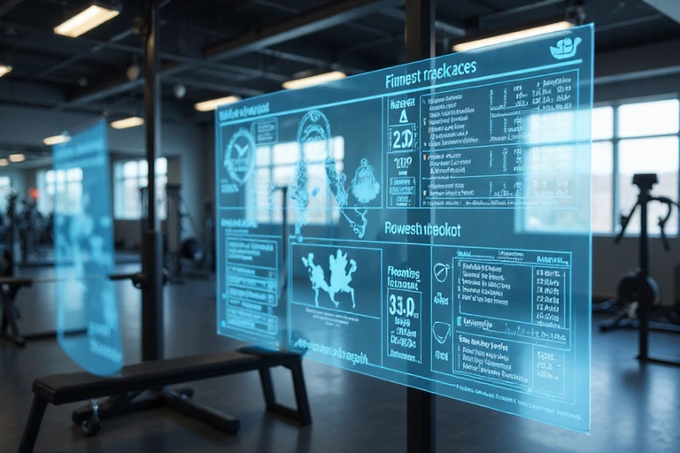 Futuristic interface showing fitness tracking and personalized workout plans.