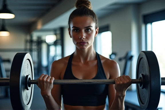 Person lifting weights with a determined expression