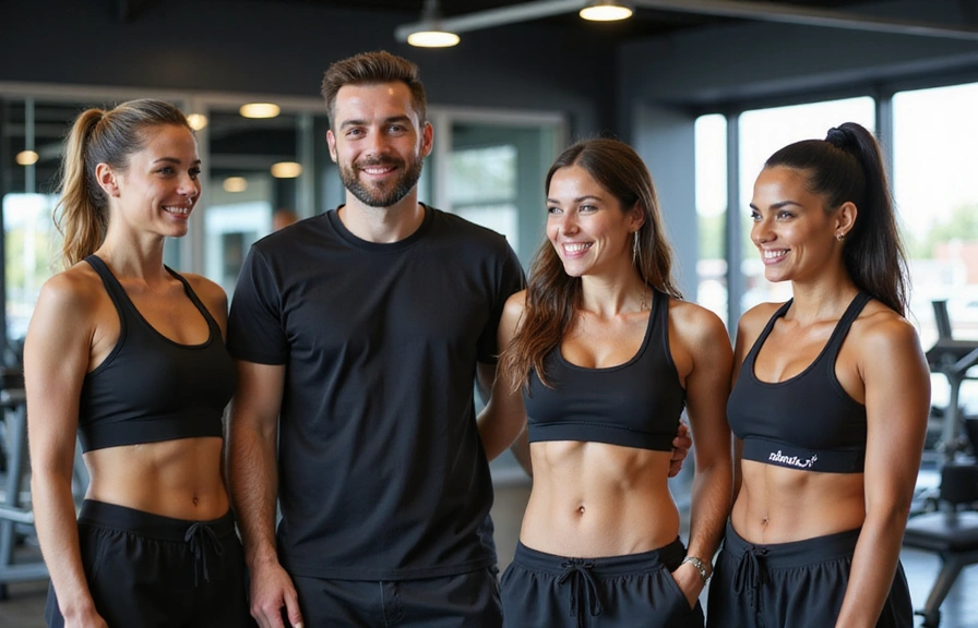 Team of fitness experts collaborating and smiling.