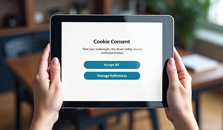 Person interacting with a tablet displaying cookie consent options