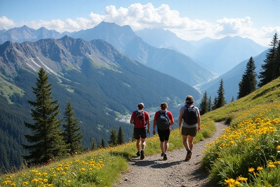 Group of friends hiking on a mountain trail