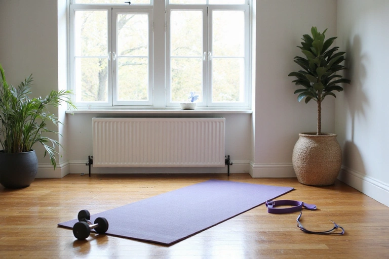 A clean, functional home workout area with minimal equipment