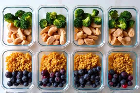 Image of a neatly organized meal prep containers with various healthy meals for the week.