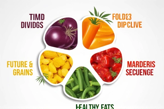 Infographic showing balanced food groups including fruits, vegetables, grains, proteins, and healthy fats arranged in a circular or pyramid format.