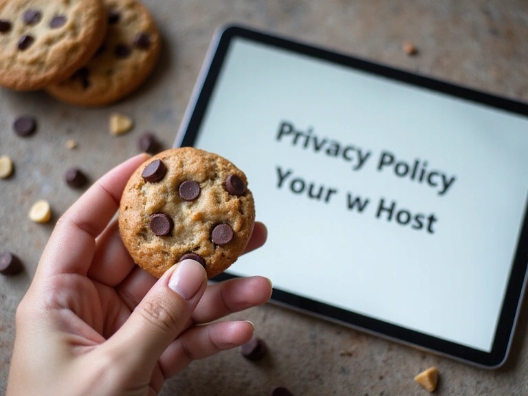 A hand holding a cookie next to a tablet, illustrating cookie policy