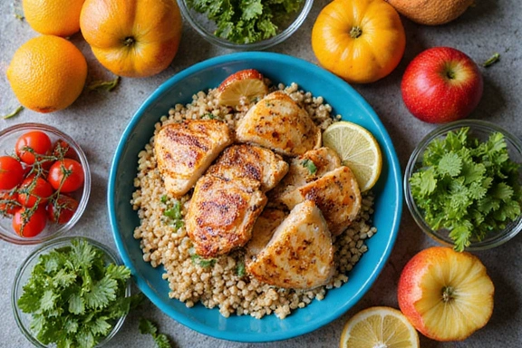 A colorful spread of healthy foods like fruits, vegetables, and lean protein, emphasizing good nutrition.