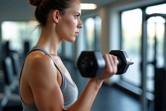 A person performing a bicep curl with a dumbbell, focusing on strength training.