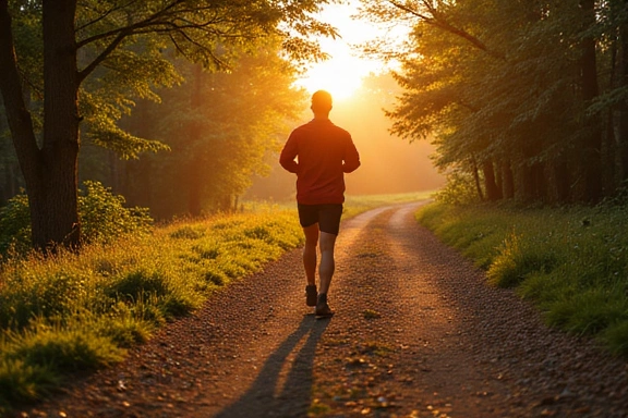 A runner on a scenic trail at sunrise, representing cardio and endurance training.