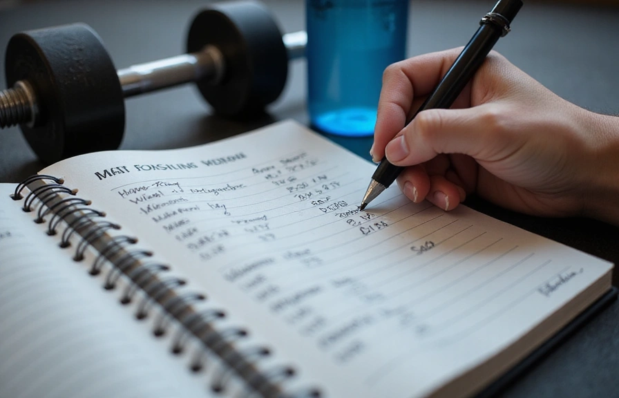 A person meticulously tracking their workout progress in a notebook, with dumbbells and a water bottle in the background.