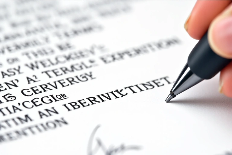 Digital illustration of a legal document with a pen, signing off on terms and conditions.